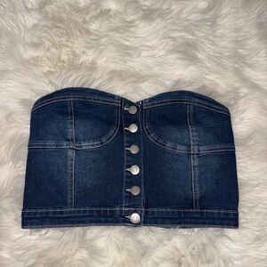 Denim Button-Front Strapless Crop Top - Dark Blue